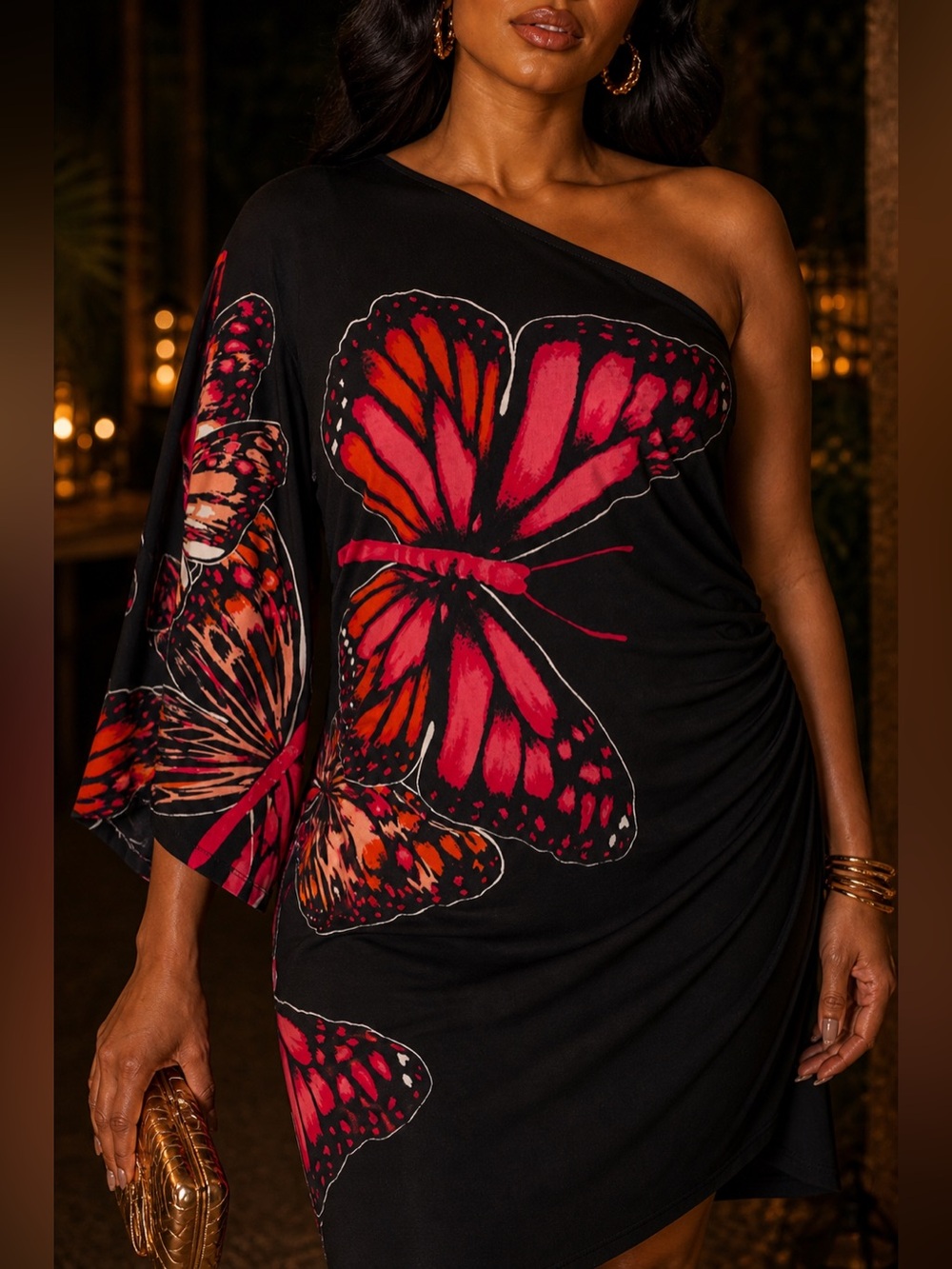 Bisou Bisou Black One-Shoulder Dress with Pink-Red Butterfly Print Size 16